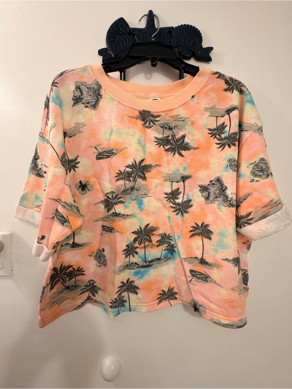 Tropical Palm Print Boxy Tee - Peach Multi